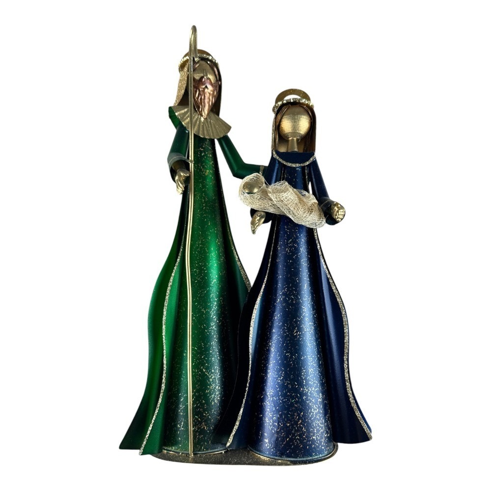 Pier 1 Imports Metal Holy Family Nativity Scene Statue Green Blue Gold 15 inch